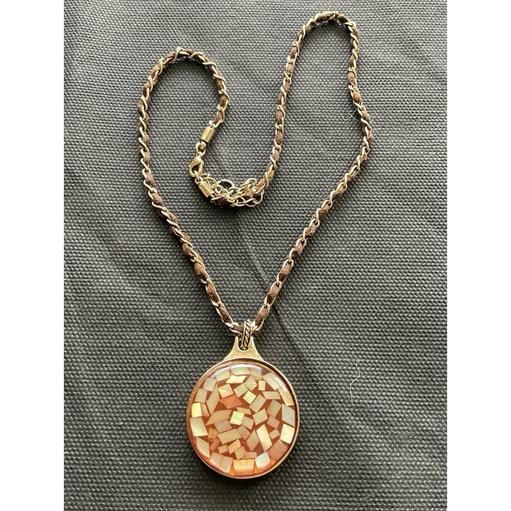 Vintage Monet Necklace round confetti mosaic pendant Gold Tone Estate Jewelry